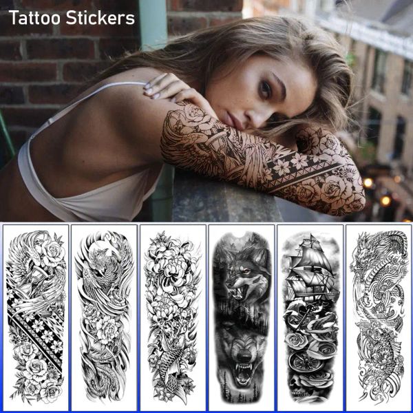 Sweaters Arm Full Tattoos Tattoos Manga para hombres Mujeres Realistas Falsos Falsos Guerreros Lion Tiger Flower Tatera Black Totem Maori