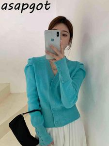 SweatersJumpers Solid Slim Blue V Cou Puff Manches Veste tricotée Chic Rétro Plein Plissé Cardigan Cardigan Tempérament 210429