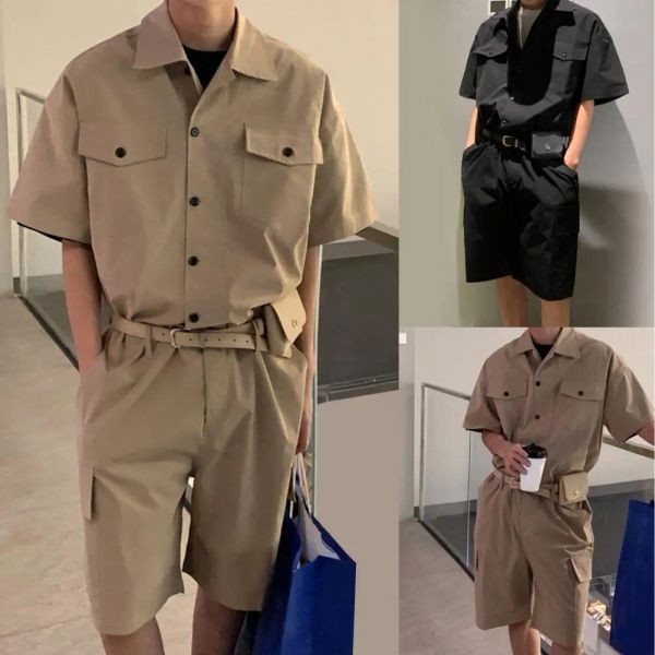 Pulls mode masculin avec sac de courroie en cuir hommes cargo bobinets streetwear coréen rompers poches à manches courtes à manches