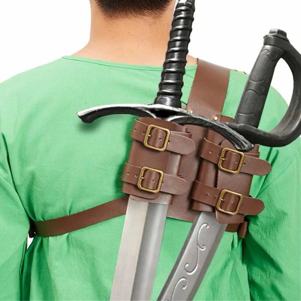 Ponts Samurai médiéval double fourreau de cuir pute épée en cuir sage sac hommes guerriers cosplay costume de dossier arrière couverture de manche pour rapie