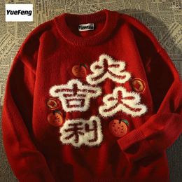 Chandails Chandails pour hommes Chine-chic année rouge pour hommes et femmes 2024 hiver américain chanceux broderie Vintage Couple tricots pulls drôle
