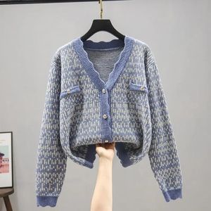 Truien zoete vrouwen bijgesneden vest vneck met lange mouwen parelbutton plaid gebreide trui Koreaanse mode herfst losse truien top