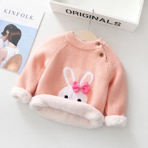 Pulls teenster Toddler Girl Sweater Cute Rabbit broderie à nœud papillon Tops en polaire chaude vêtements pour bébés enfants tenues