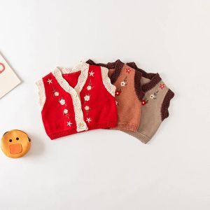 Truien peuter trui vest voor meisje baby gebreide vest pasgeboren geborduurde katoenen vest mouwloze mouwloze truien babymeisjes kleren