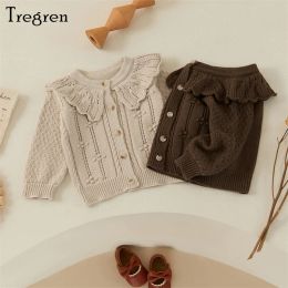 Pulls tregren 024m Nouveau-né pour bébés filles tricot cardigan chariot mignon collier de poupée de fermeture de bouton de fermeture cardigan de couture