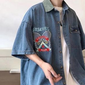 Truien gewassen tennisracket geborduurde denim shirt shortsleeveved ins tide mannen en vrouwen losse casual mode retro wilde revers top