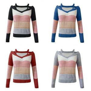 Sweaters dames sexy vrouwen lange mouw koude schouder gebreide trui strappy pullover 2021 colorblock strapless mouwen d