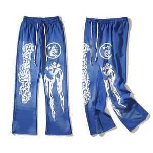 Pantalons de survêtement Hommes Hip Hop Vintage Bleu Coton Imprimé Flare Joggers Cordon Street Wear Pantalon Noir