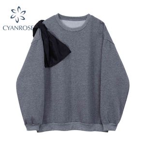 Sweat Femmes Gris Épissé Grand Arc Surdimensionné Hauts Pullover Dames Streetwear Printemps Mode Casual Sweatwear À Capuche 210417