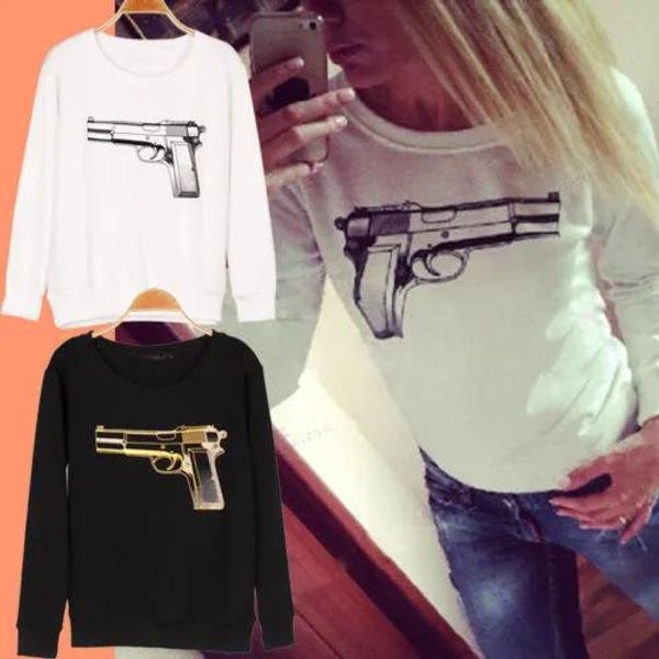 Sudaderas 2015 nueva moda novedosa estilo agradable 3D estampado de pistola mujeres sudaderas con capucha de manga larga sudaderas sueltas Tops blusa DF253