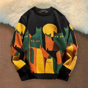 Sweatshirts 2023 Pull en tricot d'automne hommes femmes Winter Harajuku dessin animé Primper de chat complet Pullover vintage Casual Loose Sweater O Colar