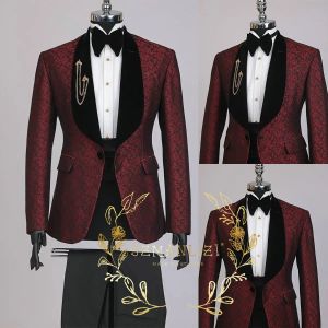 Sweatshirts 2023 Classic Formal Business Party Men Suit 2 pièces Bury Jacquard Pattern Groom Tuxedos for Wedding Costume Blazer Pant