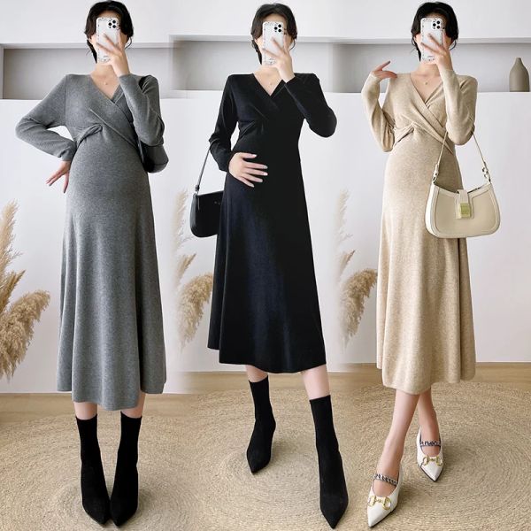 Sweatshirts 8307 # AUTUMNE HIVER KOREAN MACHITE MATERNITÉ MATERNITY Longue Robe à travers le cou de V A Ligne Slim Vêtements pour les femmes enceintes Grossesse