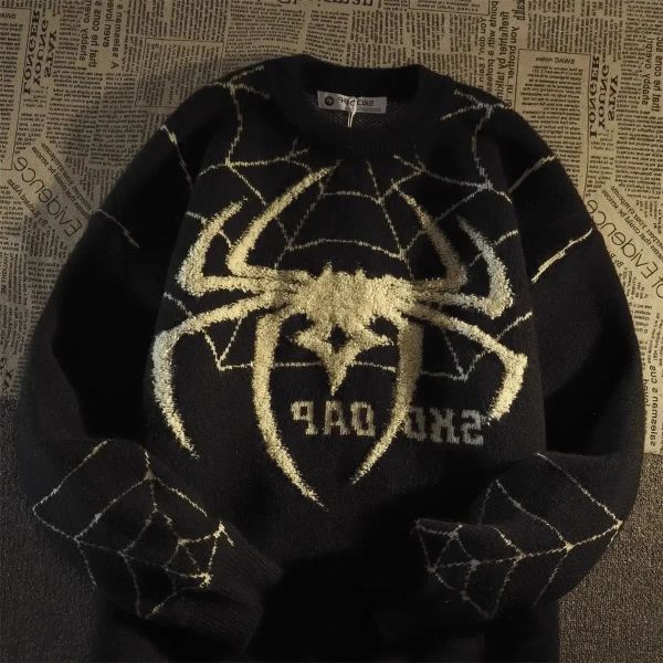 Sweatshirts American Spider Jacquard Round Neck Pull pour hommes et femmes en automne et chair de style couple de niche de rue High Street