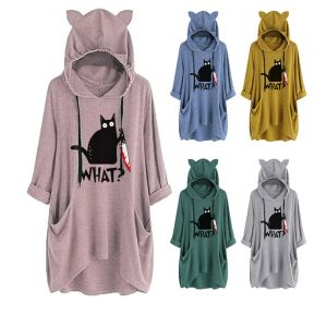 Sweatshirts Automne et hiver long pull moderne Vêtements pour femmes mignonnes Cat Ears Cat Imprimé What Pocket Hooded Pull Halloween