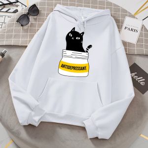 Sweatshirts Zwarte Kat Eet Antidepressivum Leuke Print Capuchon Vrouwen Herfst Mode Hoodies Eenvoudige Casual Zachte Hoodie Straat Losse Streetwear