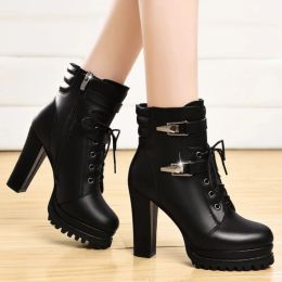 Sweatshirts merk platform vrouwen boot herfst winter nieuwe British Black High Heel vrouwen grove hakken Ankle Boot pluche Goth Women Boot Botas