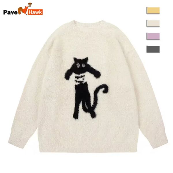 Sudaderas Suéter de punto de dibujos animados Hombres Mujeres Jerseys de punto sueltos Otoño Ropa de calle Harajuku Patrón de gato Jerseys de punto universitarios Pareja