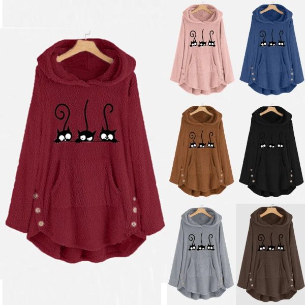 Sweatshirts Chat imprimé Long Sweat à capuche Femme polaire chaud broderie poche pulls chat oreille grande taille haut à capuche chemisier Sweat Femme