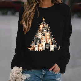 Sweats à capuche de Noël mignon petit chat arbres de Noël cou imprimé à manches longues sweat-shirt pull surdimensionné ample décontracté femmes pull