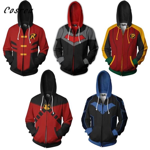 Sudaderas Cosplay con cremallera Sudadera con capucha hombres capucha roja Sudadera con capucha Tops para hombre disfraz de Robin chaqueta abrigos Haruku