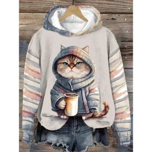 Sweatshirts schattige kat bedrukte hoodies voor vrouwen herfst mode nieuw sweatshirt los o nek lange mouw top pullover dieren vrouwelijke kleding