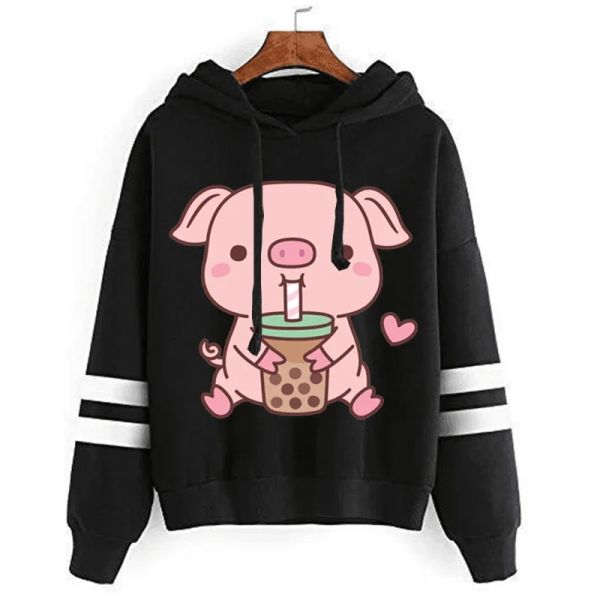 Sudaderas Lindas Harajuku Y2K Con Capucha Cerdo Boba Tea Print Mujeres Casual Sudadera Suelta Kawaii Pink Pig Sudadera Con Capucha Oversize Moda Tendencia Tops