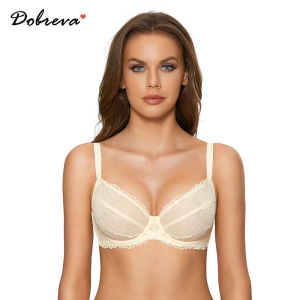 Sudaderas de sudaderas Dobreva para mujeres Cobertura de encaje floral transparente para mujeres Cobertura completa Via a través de Bralette Minimizer Unewire sin forro talla grande