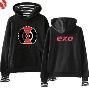 Sudaderas exo kpop impreso falso de dos piezas capitanes para mujeres 2018 nuevas sudaderas con capucha de manga larga