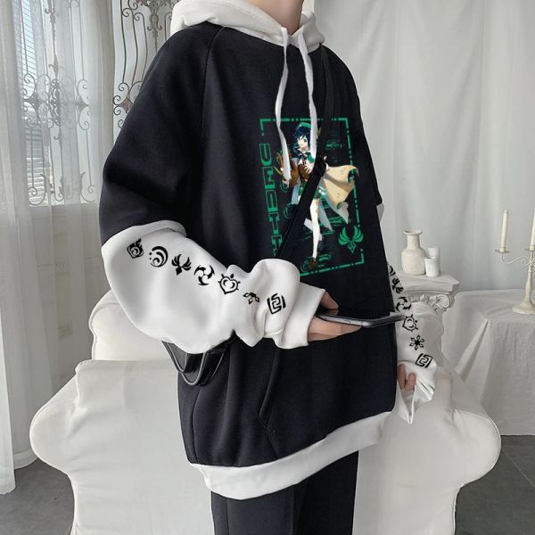 Sudaderas Genshin Impact Game Harajuku Sudaderas con capucha Estética Kawaii VENTI Barbatos Dibujos animados Mujeres Manga larga Sudaderas de retazos de gran tamaño