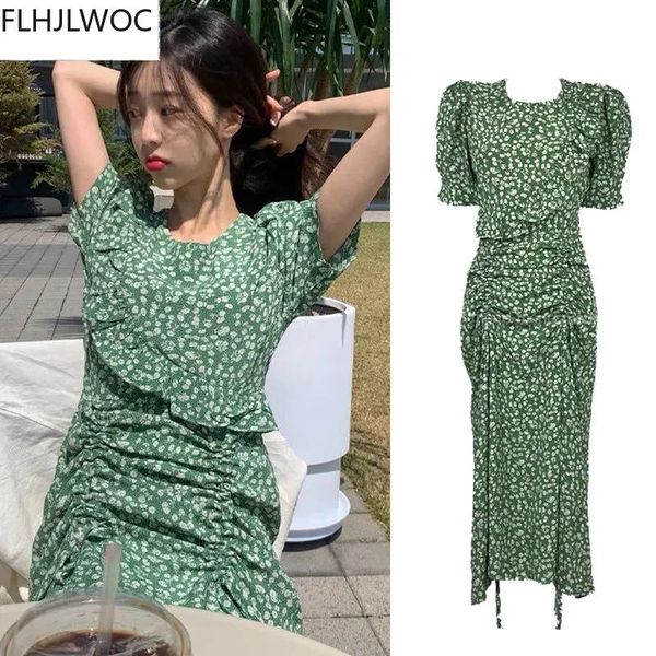 Sweatshirts Green Vintage Robes Hot Woman Summer Summer Short Short Migne Sweet Corée Design de style japonais Draw STRING Long Maxi Robe