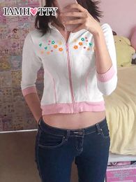 Iamhotty Kawaii Sweat à capuche rose patchwork fermeture éclair imprimé floral sweat à capuche doux veste zippée blanc cardigan Y2K tenue femme