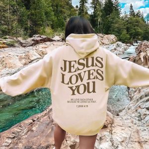 Sweatshirts Jesus Loves You Print Hoodies voor Dames Y2K-kleding Lange mouw Grappig Grafisch Sweatshirt met capuchon 2023 Herfst Winter Pullover Tops
