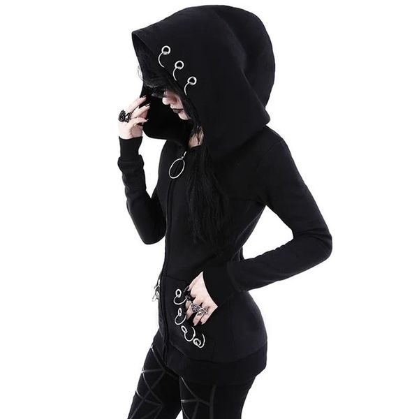 Sudaderas largas góticas punk mujeres sudaderas con capucha anillo de hierro negro capucha suelta manga larga sudadera casual talla grande chándal con capucha D181030