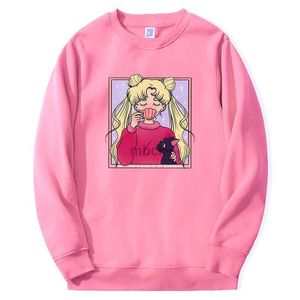 Sweatshirts Mens Jackets 2024 Nieuwe Sailor Moon Anime Girl Men Men Women Women Harajuku Kawaii Cute Pink Sweatshirts Loose Harajuku Round Neck Streetwear 240412