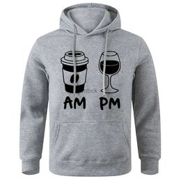 Sweatshirts Mens Jackets Morning Coffee Evening Wine Print Mens Hooded Mode Kwaliteit Hoodies Street Oversize Pullovers Autumn Comfortal Mans Kleding 240412
