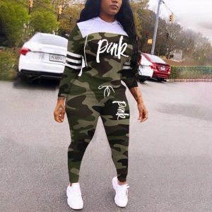 Sweatshirts New Pink Print Sport Wear Casual Piece Tracksuit Suit Femmes Camouflage Hoodies + Pantalon Skinny Suit Streetwear 2 PCS Tenues 2022