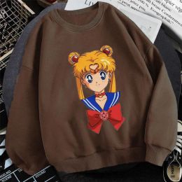 Sweatshirts Sailor Moon Anime Print Hoodie Kleding Kpop Brown Tops Hoodies Women Sudaderas 2022 Nieuwe herfst wintermode Y2K Sweatshirt