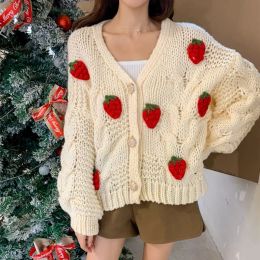 SweSshirts Applicón de fresa Cardigan Sweater Women's Wom Women's Autumn and Winter Cute dulce manga de hojaldre Vneck Mujeres 2022 Nuevo