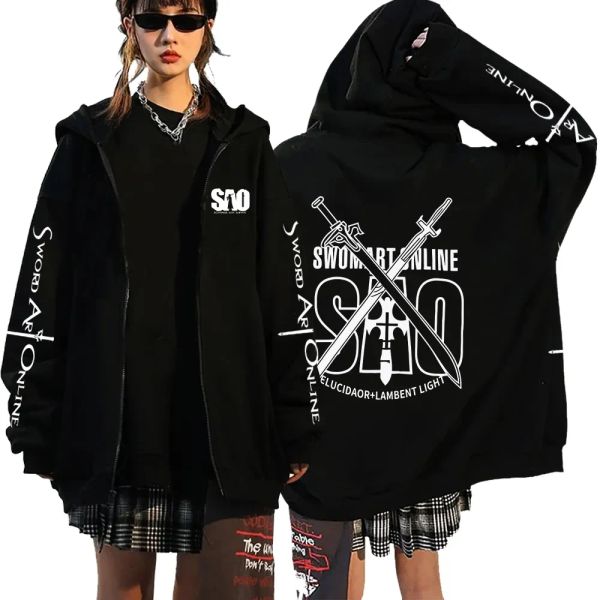 Sudaderas Sword Art Online Anime Zip Up Sudadera con capucha Hombres Mujeres Kirito Asuna Imprimir Sudaderas casuales Gothic Harajuku Streewear cremallera con capucha Top