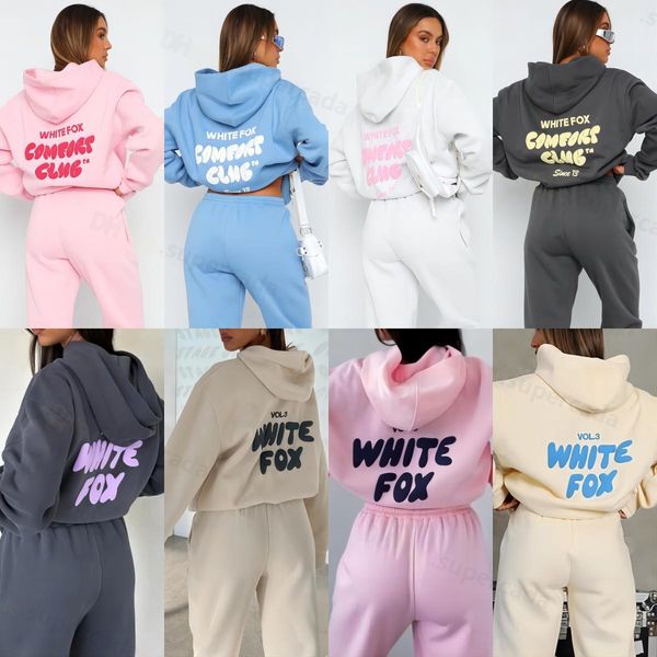 Sweatshirts Wf-women Sweats à capuche pour femmes Lettre Imprimer Tenues 2 pièces FOX Col bénitier Manches longues NOIR BLANC Sweat et pantalon Ensemble Survêtement Pull à capuche