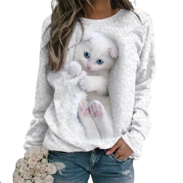 Sudaderas Mujer Primavera Otoño O Cuello Jersey Sudadera Con Capucha Lindo Estampado De Gato Cómoda Sudadera Casual Mujer Nueva Coreana Suelta Manga Larga Tops