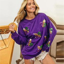 Sweatshirts Womens Hoodies Sweatshirts 2024 Femmes Mardi Gras Sweatshirt Sequin Green Purple Yellow Crewneck Fat Mardis pour la