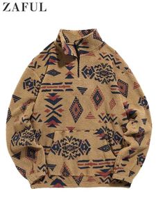 Zaful Sweat à capuche pour homme en imitation Sherpa avec fermeture éclair - Imprimé ethnique - Streetwear moelleux - Pull à col roulé pour l'automne et l'hiver