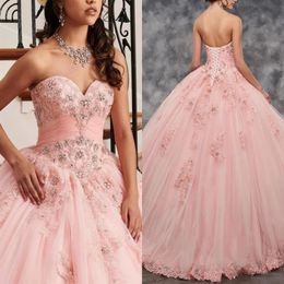 Sweet 16 Vestidos Pink Princess Ball Vestido de la quinceanera Gowns 2021 Sweetheart Lace Appliques Rhinestones Beaded Formal Party Dres2226