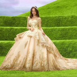 Dulce 16 Gold Lace Quinceanera Vestidos Pearls Vestido Vestidos para 15 Vestido de XV Anos Glitter Sequine Birthday Prom Vestido