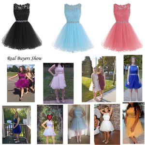 Zoet 16 Korte prom -jurken Lace Appliques met kristallen kralen gezwollen tule cocktail party jurken Little Black Graduation Homecoming Gow 349s