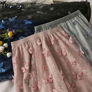Sweet 3D Butterfly Pink Midi Rok Dames Hoge Taille Lange geplooide Vrouwelijke Vintage Zwart All-match Saia Streetwear 210421