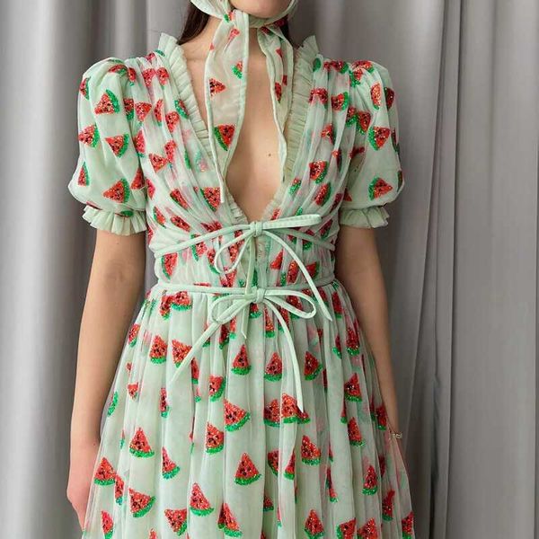 Lindo e fofo vestido de mirtilo primavera verão vestido de malha emendado decote em V vestido longo com babados