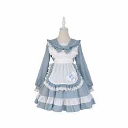 Jupe Lolita douce et mignonne Maid Apr Cosplay Costume Maid Japonais Navy Collar Lg Sleeve Outfit Vêtements X7or #